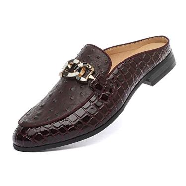 Imagem de XQWFH Mocassim masculino sandália mule loafer com fivela dourada, moda de couro formal casual sem costas, Vinho tinto, 13