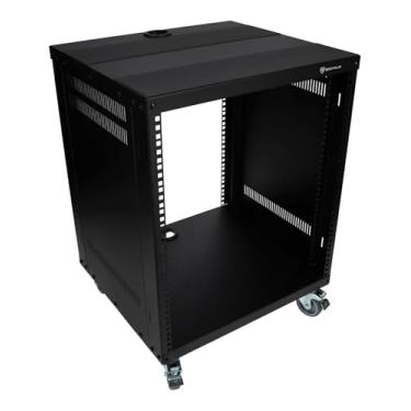 Imagem de Rockville RR12U Estojo de rack de estúdio de gravação e som ao vivo 12U com rodas, trilhos reversíveis, montagem frontal e traseira, portas de gerenciamento de cabos, capacidade de 199 kg