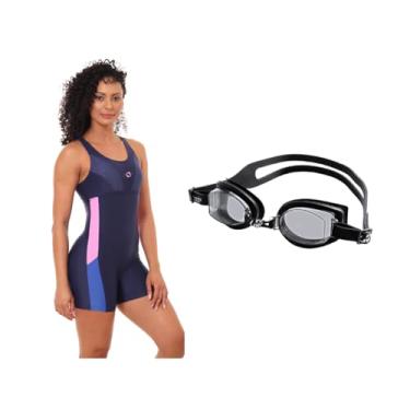 Imagem de Kit Macaquinho Hidroginástica + Óculos Natação Uv+ Antiembaçante (Marinho/Rosa/Azul Óculos - Preto, M)