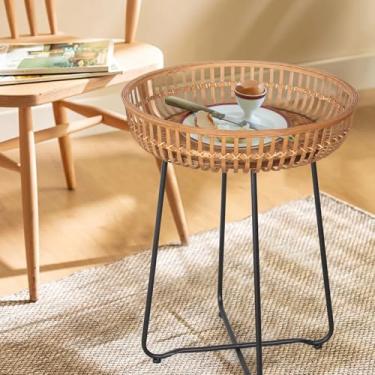 Imagem de Oakrain Mesa lateral de vime, mesa redonda de bambu, mesa de centro com base de metal para sala de estar, sofá, quarto, terraço, mesa de destaque (52 cm)