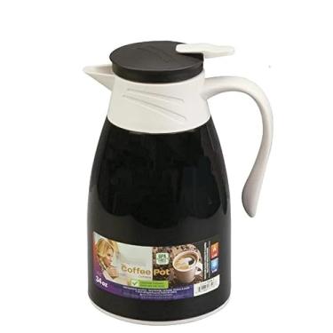 Imagem de Garrafa térmica isolada de café – Frasco a vácuo de 1 L com dispensador de botão de pressão | Jarra para bebidas quentes e frias com forro de vidro a vácuo, exterior de plástico sem BPA (preto)