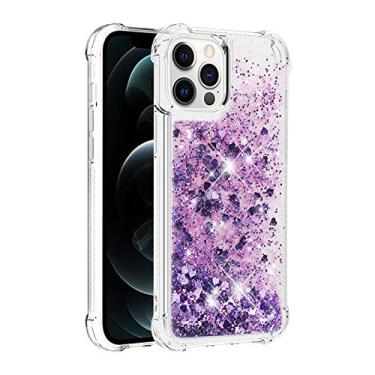 Imagem de Capa de telefone à prova de choque para iPhone 13 Pro com glitter líquido de areia movediça e corações flutuantes, capa de TPU de camada dupla reforçada com 4 cantos, protetor de telefone seguro