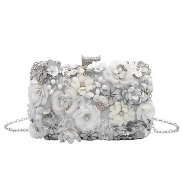 Imagem de lapulio Bolsa feminina floral para noite com contas e lantejoulas e strass para festa de casamento com correntes, Prata, Small