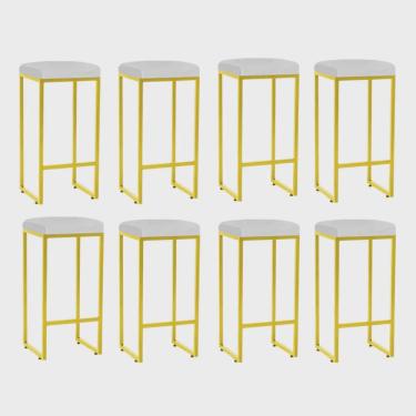 Imagem de Kit 08 Banqueta Alta Lara Para Cozinha Bar Balcão Bistrô Churrasqueira Ferro Dourado Suede Branco - Ahz Móveis