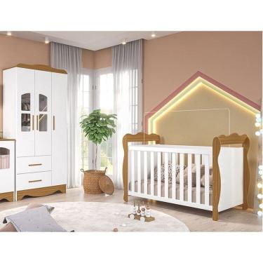 Imagem de Quarto de Bebê Berço Minicama e Guarda-roupas 3 Portas Janeladas 100% Mdf Alice Espresso Móveis Branco Brilho/Amêndoa