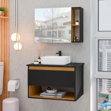 Imagem de Conjunto Para Banheiro Gabinete Suspenso com Cuba e Espelheira Florence Preto com Natur...