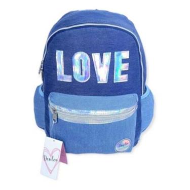 Imagem de Mochila Jeans Infantil Feminina Donlex LOVE Com Lente Holográfica - De