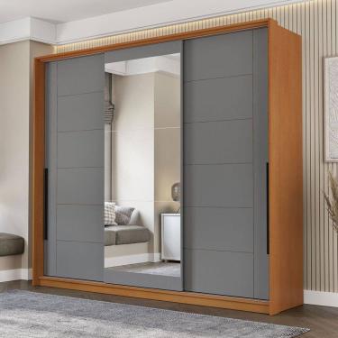 Imagem de Guarda-Roupa Casal Lisboa 3 Portas 4 Gavetas com Espelho Freijó/Cinza - Politorno