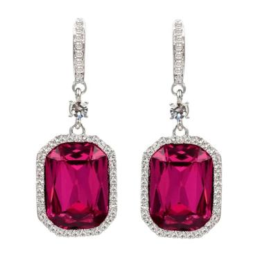 Imagem de Brincos de gota de cristal, pedra de corte esmeralda rosa choque com halo de strass brilhante, pingente prateado, joia vintage fúcsia para mulheres, casamentos e festas, one size, Cristal, Cristal