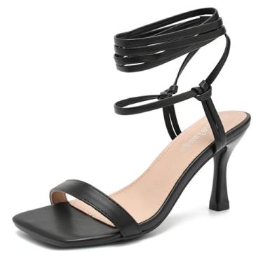 Imagem de Enelauge Sandálias femininas de salto baixo com cadarço, bico aberto, bico aberto, salto baixo, salto gatinho, tornozelo, amarrar, casamento, festa de casamento, Preto fosco, 37