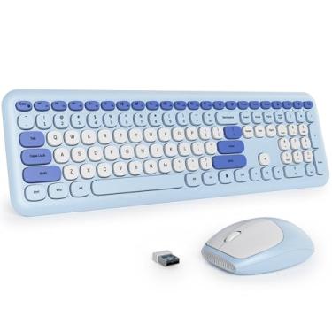 Imagem de Fogruaden Combo silencioso de teclado e mouse sem fio, máquina de escrever retrô fofa de 2,4 GHz, teclado azul colorido, design fino, digitação de baixo ruído para casa, escritório, Windows PC, laptop