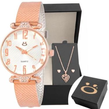 Imagem de Relógio Feminino Rose Aço + Brinco Colar Coração Caixa - Orizom