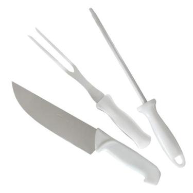 Imagem de Conjunto de Facas 3 Peças Faca Garfo e Chaira Cabo Branco - TAIRA HOME