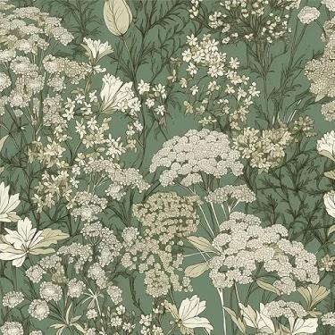 Imagem de MuralPeel Grama verde branco flores silvestres prado do bebê plantas vintage descascar e colar papel de parede autoadesivo removível fácil de descascar no papel de parede para armário de quarto