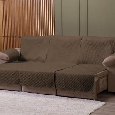 Imagem de Protetor de Sofá Retrátil 3 Lugares 3,00m Impermeável com Bolsos e Alça Antiderrapante – Capa Matelada Luxo com Protetor de Braço (Tabaco)