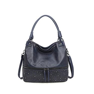 Imagem de myfriday Bolsa de ombro vintage Hobo feminina de couro macio, bolsa elegante estruturada com detalhe de rebite, Azul, One Size