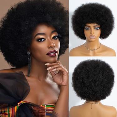 Imagem de Rebecca Q Perucas De Cabelo Humano Afro Anos 70 Peruca Curta Para Mulheres Negras, Cacheada, Crespa, Sem Cola, Com Franja, Cosplay Diário (Preta)