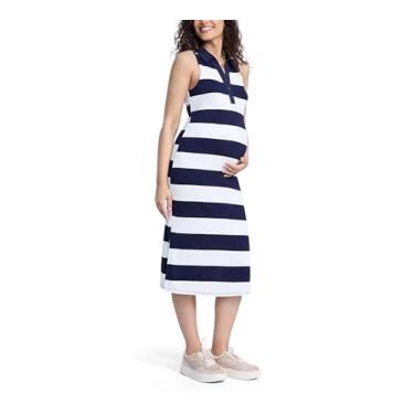Imagem de Motherhood Maternity Vestido feminino colado ao corpo polo midi sem mangas para gravidez, Listra branca azul-marinho, M