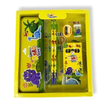 Imagem de Kit Escolar Infantil 7 em 1, Conjunto com Estojo, Lápis, Régua, Apontador e Borracha, Temas Espacial, Dinossauro e Fundo do Mar, Material Escolar Completo (Amarelo)