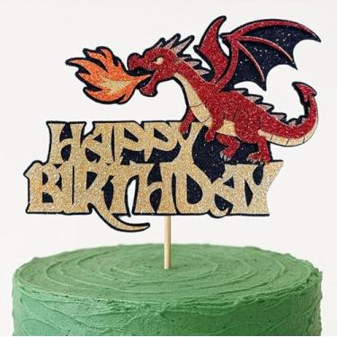 Imagem de Confetti! Multilayer Glitter Dragon Cake Topper – Red, Gold & Black Fire-Breathing Decoration | Handmade 7"x5" Fantasy Party Pick for Kids Birthday & Baby Shower