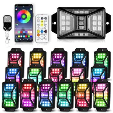 Imagem de Luzes de rock RGB de ângulo total de 16 cápsulas, controle remoto de aplicativo/controle remoto com modo de música à prova d'água, multicolorido, compatível com caminhões de 12 V Jeep UTV SUV ATV