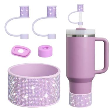 Imagem de Conjunto de acessórios para copo Stanley de strass, incluindo capas de canudo brilhante de 1 cm, tampa à prova de derramamento, bota de silicone com glitter de diamante para acessórios Stanley 1,134 g