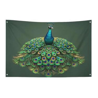 Imagem de Bandeira com quatro furos, bandeiras para todos os climas, pavão com borlas, estampado, bandeira decorativa, bandeiras de poliéster adequadas para uso interno e externo 89 x 159 cm