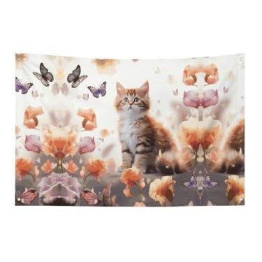 Imagem de Bandeira com quatro furos, bandeiras para todos os climas, fofa, gatinho, borboleta, impressa, bandeira decorativa, bandeiras de poliéster adequadas para uso interno e externo 89 x 159 cm