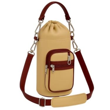Imagem de Bolsa Térmica com Bolsos OCREO em Courvin para Garrafa com Forro e Alça de Mão e Ombro Removíveis, Modelo Original Exclusivo, Acabamento de Qualidade Artesanal Premium (Bege, 500 ml)