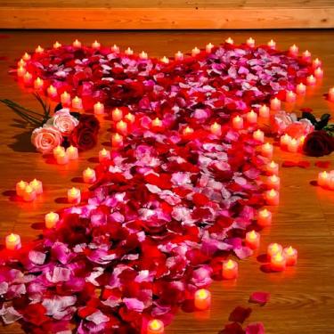 Imagem de Coume 6000 Pétalas De Rosas Artificiais Com 72 Velas Led Sem Chama, Decoração Romântica, Feliz Aniversário Falso Para Noite Núpcias (Série Vermelha, Pétala Vermelha)