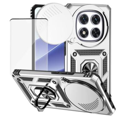 Imagem de Yodueiv Capa para Xiaomi Redmi Note 14 Pro 5G com protetor de tela de vidro temperado e capa de câmera deslizante, anel magnético suporte de carro capa protetora para Xiaomi Redmi Note 14 Pro 5G Prata