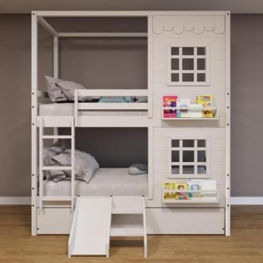 Imagem de Treliche Casinha 2 Janelas Escorregador Madeira Branco - Housin