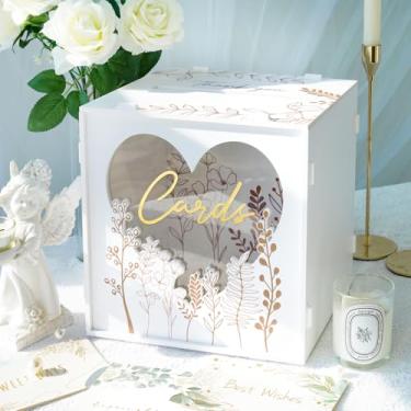 Imagem de OurWarm Caixa de cartão branca de PVC para recepção de casamento, grande caixa de cartões de dinheiro para festa com janela acrílica de coração, suporte de cartão de presente com padrão de flores para