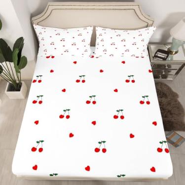 Imagem de Erosebridal Jogo de lençol infantil casal com estampa de cereja vermelha, com estampa de cereja, corações de amor, 2 fronhas, sem lençol de cima