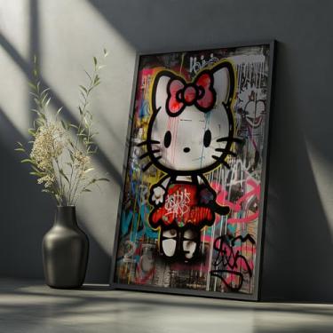 Imagem de Quadro Decorativo Kitty Grafite Gatinha Com Moldura Arte Urbana Colorida Personagem Ícone Cultura Pop Infantil Moderna Parede