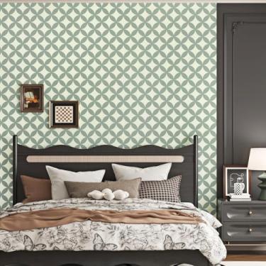 Imagem de Mangoloo Papel de parede geométrico verde redondo bege moderno papel de parede bege bege impermeável removível Boho papel de contato para armários banheiro cozinha Backsplash vinil papel de parede
