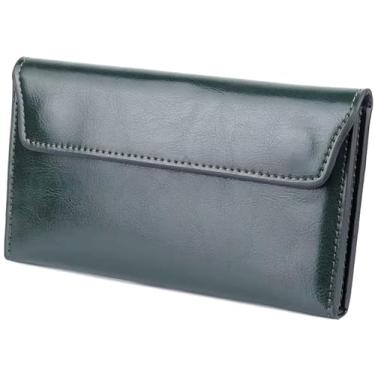 Imagem de AurexaFashion Carteira feminina de couro legítimo fino envelope com porta-cartão destacado, fecho magnético, suporte de telefone clutch, #06 Verde, Carteira envelope fina