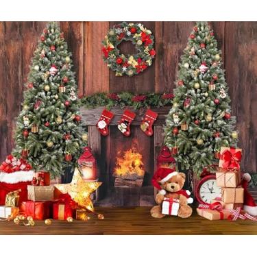 Imagem de Pano de fundo de Natal, 3 x 2,4 m, lareira de Natal, casa de madeira rústica, presentes de árvore de Natal, grinalda de urso de brinquedo, fundo fotográfico para crianças, adultos, faixa de festa
