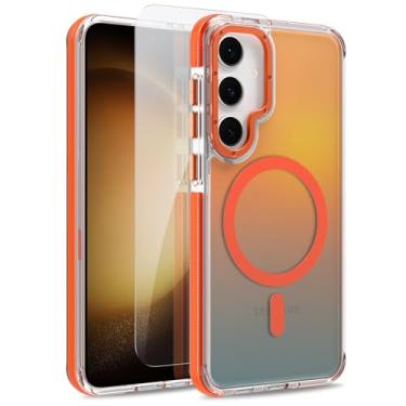 Imagem de MOWIME Capa magnética para Samsung Galaxy S23 [compatível com Magsafe] [lindo design fluorescente moderno] [1 protetor de tela] capa fosca translúcida fina para Galaxy S23 de 6,1 polegadas, laranja