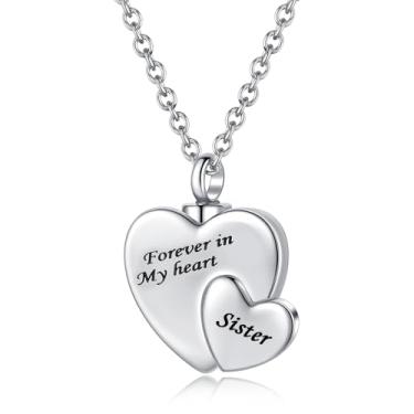 Imagem de LuxglitterLin Colar de urna de cremação de coração duplo para cinzas Family Forever in My Heart Pingente de urna de aço inoxidável esculpido para cinzas de animais de estimação humanos, Metal, Sem