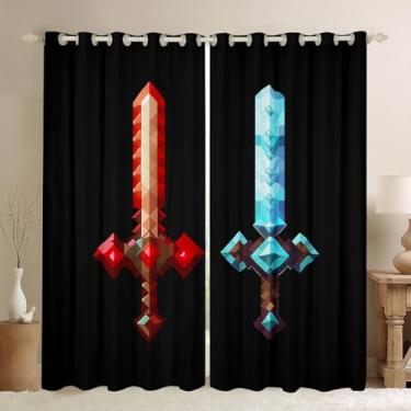 Imagem de Cortina de janela com espada azul vermelha, decoração de quarto, jogos de construção, caixa de areia, para crianças, adolescentes, estilo pixelado, tratamento de janela, moderno, preto, 30-50%