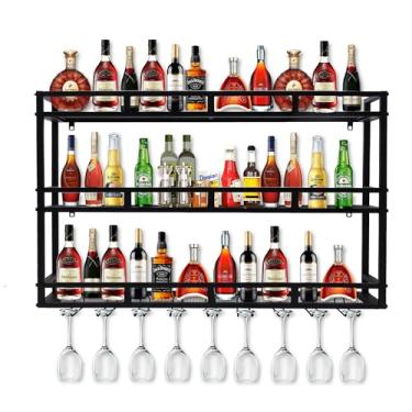 Imagem de HFTUW Rack de vinho de metal de 99 cm montado na parede, prateleiras de bar para garrafas de bebidas com luz LED, rack de bebidas de grande capacidade de 3 níveis montado na parede com suporte de