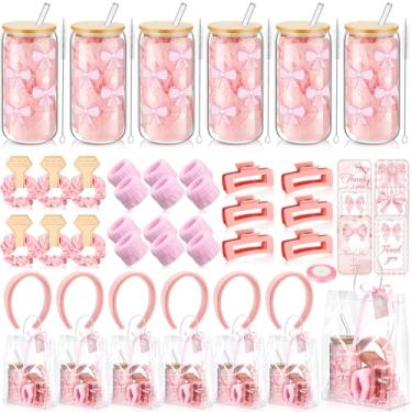 Imagem de Yiyiring 6 conjuntos de prêmios de chá de bebê para jogos de 473 ml, copos de vidro estéticos com tampas de bambu, escova de canudos, incluindo grampo de cabelo, faixa de cabeça, pulseira para chá de