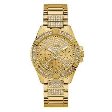 Imagem de GUESS Mostrador incrustado de cristal de aço inoxidável dourado com relógio de silicone resistente a manchas pretas (modelo: U1160L1), dourado/dourado/champanhe, NS, Lady Frontier