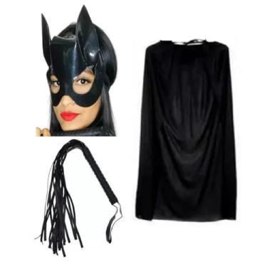 Imagem de Máscara Mulher Gato Luxo Chicote e Capa Fantasia Festas - 3 PÇS