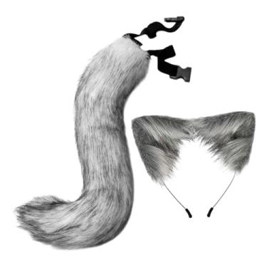 Imagem de oshhni Conjunto de orelhas e rabo de gato e, faixa de cabeça para festa de carnaval baile de máscaras, Cinza