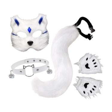 Imagem de IEUDNS Conjunto de máscara e cauda de gato e, gargantilha fofa para brincadeira de Natal, fantasia de carnaval, Branco Azul