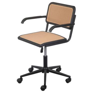 Imagem de Cadeira com braço Cesca Polipropileno Preto Simulando Palha Bege Base Rodizio em Nylon Preto