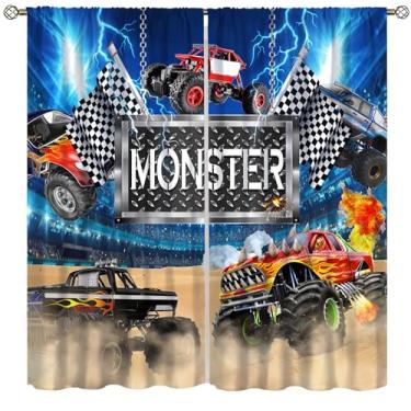 Imagem de Cortinas Monster Truck para meninos, quarto, bolso de haste, blackout, desenho animado, trator, caminhão, carro de corrida, colorido, divertido, estádio, auditório para 2 painéis, conjunto de