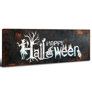 Imagem de Arte de parede vintage Halloween preto e branco abstrato bruxa abóbora decoração de parede rústico fantasma bruxo impressão em tela acessórios para porta da frente arte moderna decoração de jardim